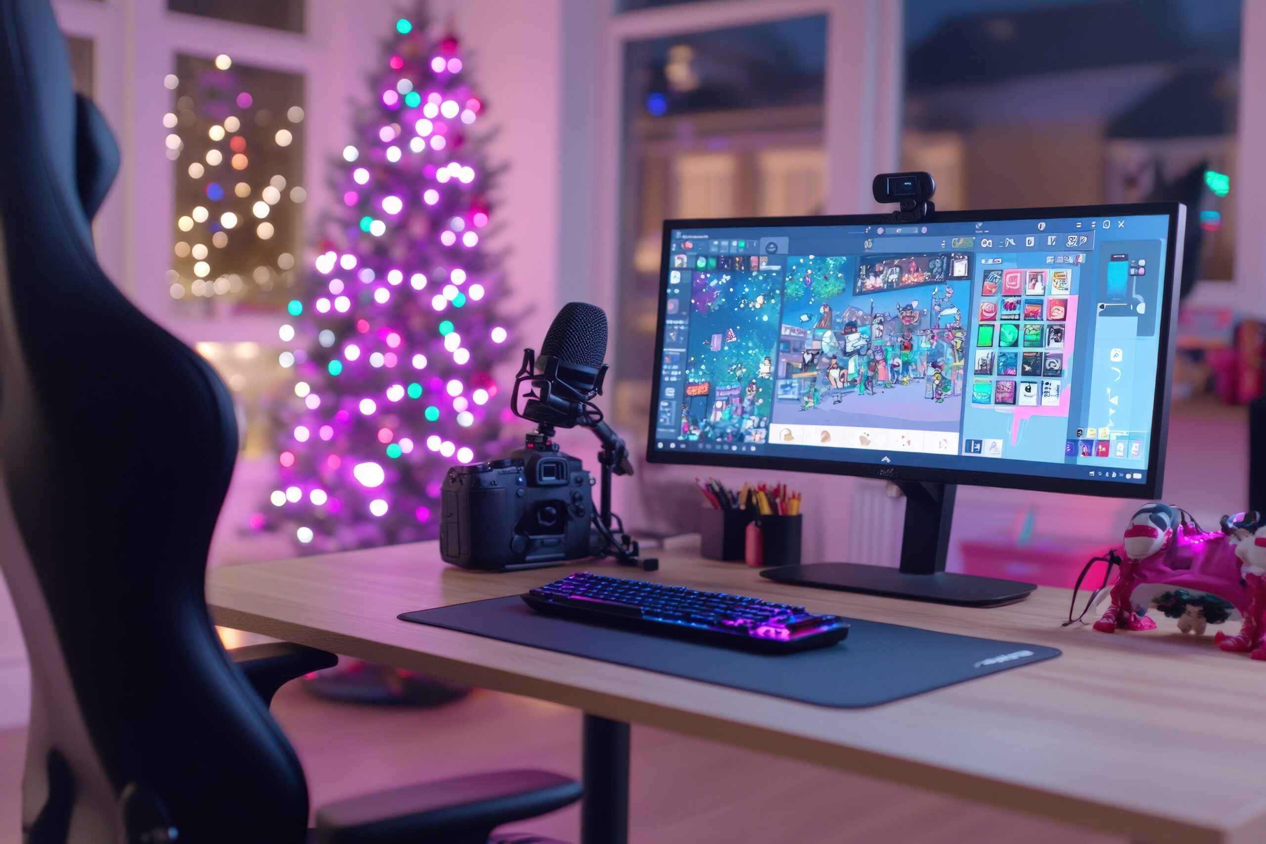A home computer setup shows a large monitor with a camera and several rows of application icons displayed. The setup includes a keyboard, a microphone, a professional camera and an ergonomic chair, situated on a bright wooden desk. The warm lighting gives off a cozy ambiance to the scene, highlighting the Christmas tree with bright pink, white, and teal lights in the background. This image can be used to showcase technology, gaming, remote work, or the integration of personal interests with the holiday season. It's ideal for blog posts, articles, or websites focusing on tech gadgets, home office setups, or festive workspaces.